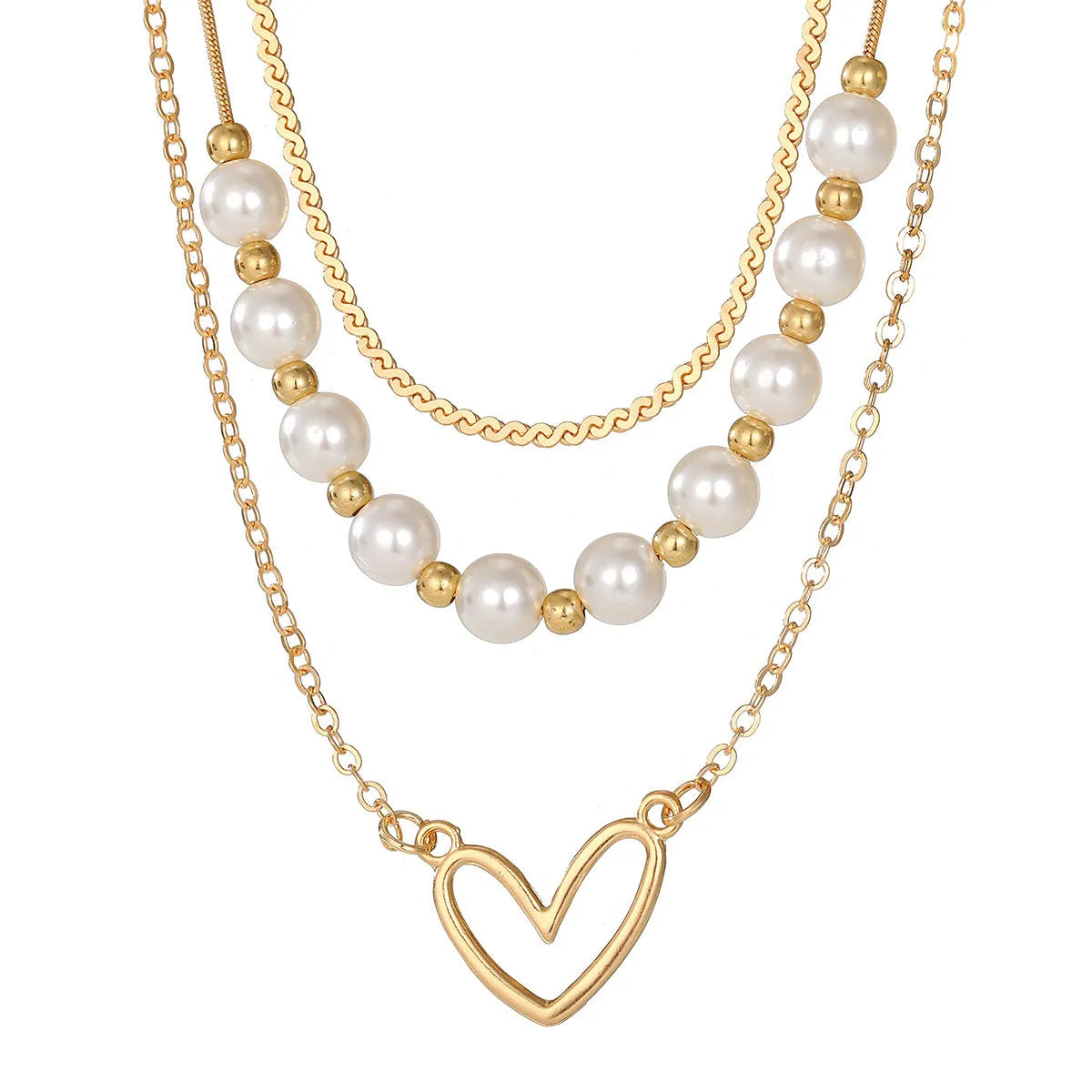 Vintage gold heart pendant necklace on pearl chain with adjustable 41-50cm length