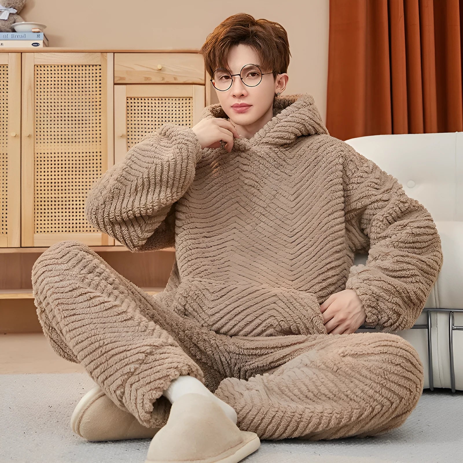Men's coral fleece suit in gray with top and trousers, Japanese-style casual homewear