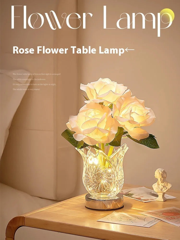 White crystal flowers design USB rechargeable touch dimming table lamp on wooden surface