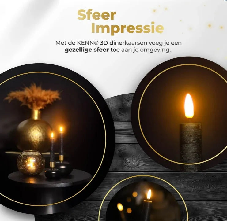 Set of four black S2 3D Flame LED taper candles showing realistic flickering light effect.