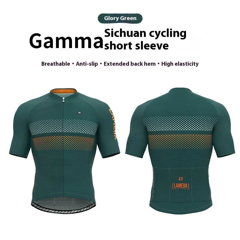 Short-sleeve cycling jersey top in polyester with moisture wicking for mountain and highway bike rides