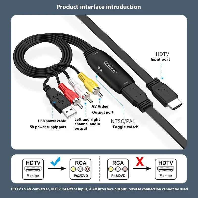 HDMI to AV converter adapter cable with 110cm length for 1080p video transfer to monitors and projectors