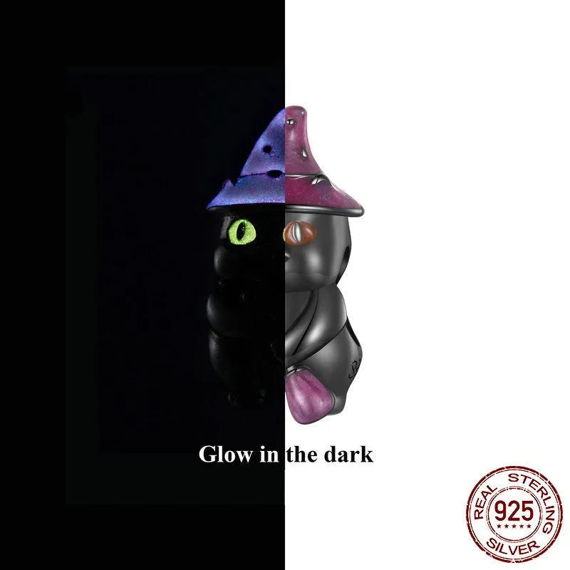 Halloween black cat S925 sterling silver bead 15 x 8mm with electroplating finish on white background