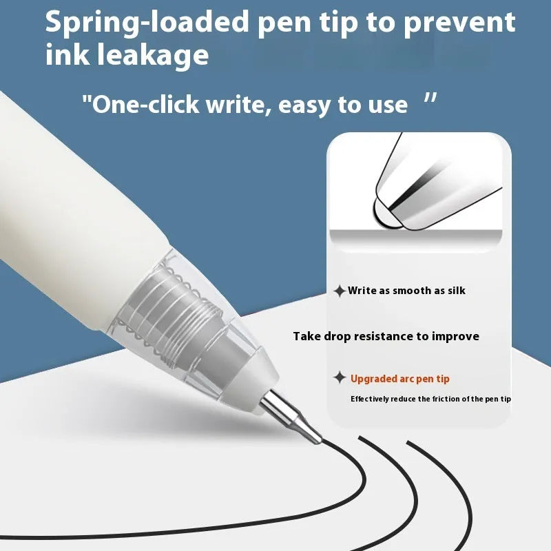 Four quick-drying pen refill cartridges in black, red, blue, and ink blue, showing 500m writing length.