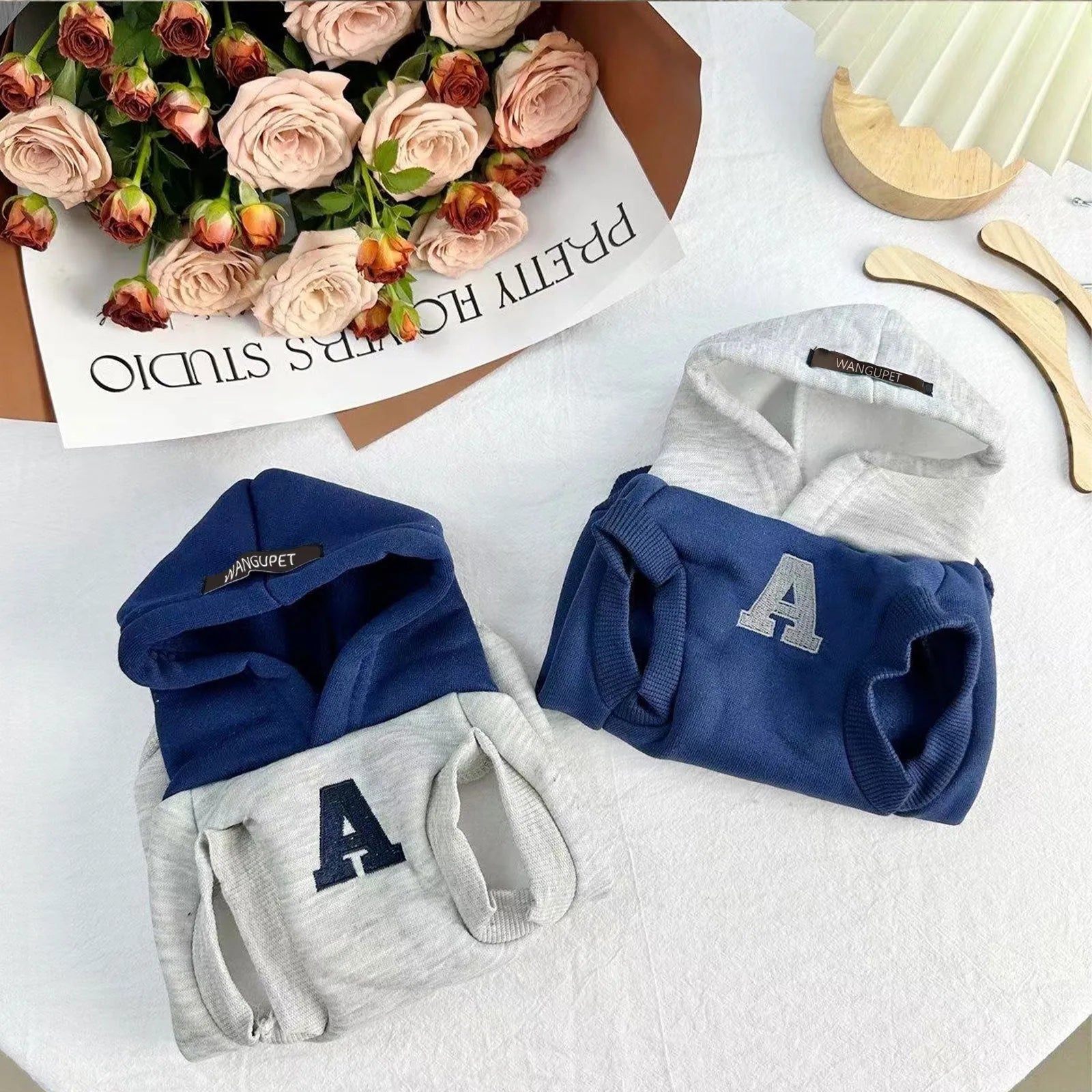 Blue and grey white slim-fitting pet hoodie with reflective letters for cats and dogs