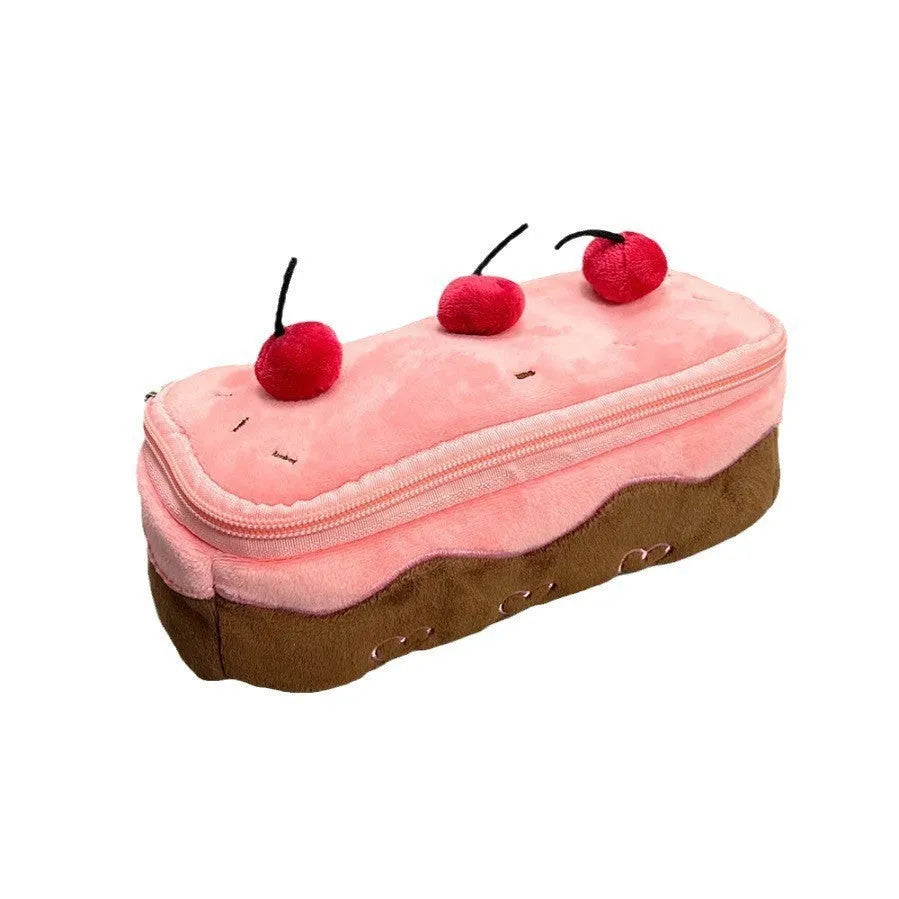 Cherry cake pattern plush velvet pencil case with a zip closure.