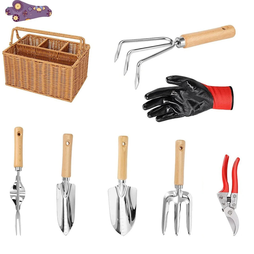 9pcs gardening tool set with wooden handle stainless steel hoe shovel pruning scissors and gloves