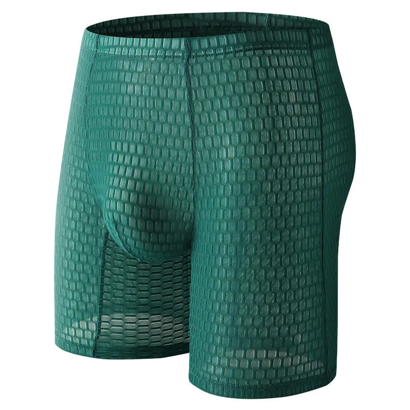 Men's solid colour lace boxer shorts with hip lifting shaping design