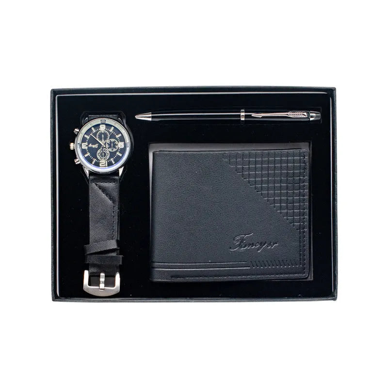 Creative holiday gift set featuring a wallet, pen, and watch inside a modern simplicity style gift box.