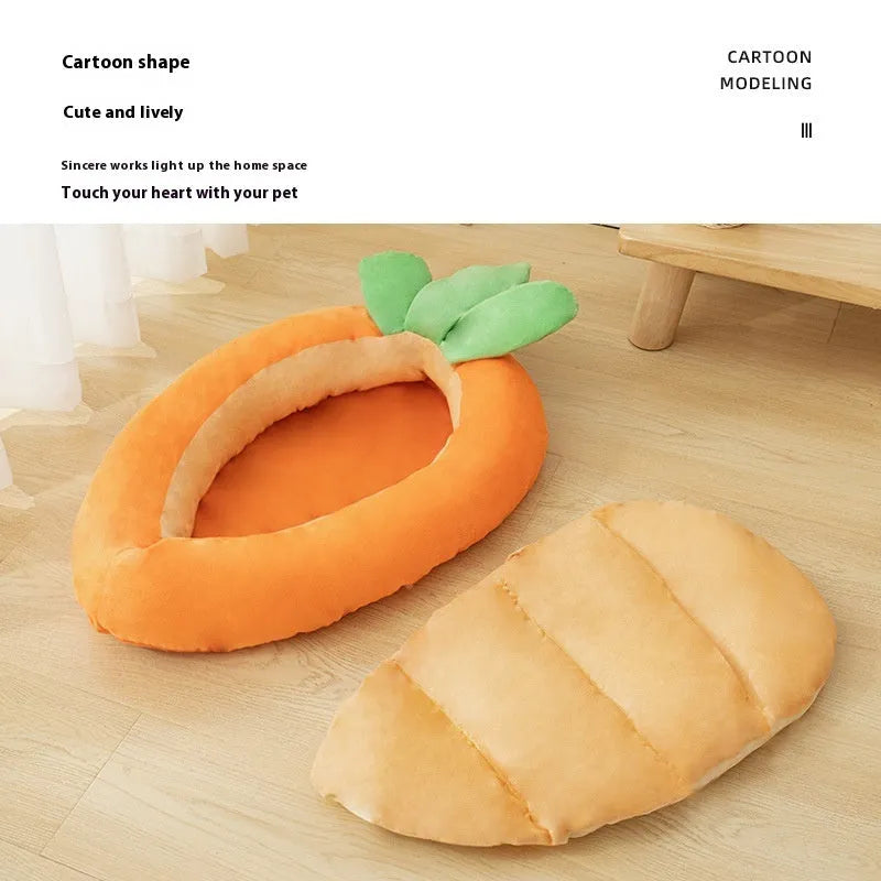 Carrot-coloured cartoon dog mat with removable cloth cover in medium and large sizes.