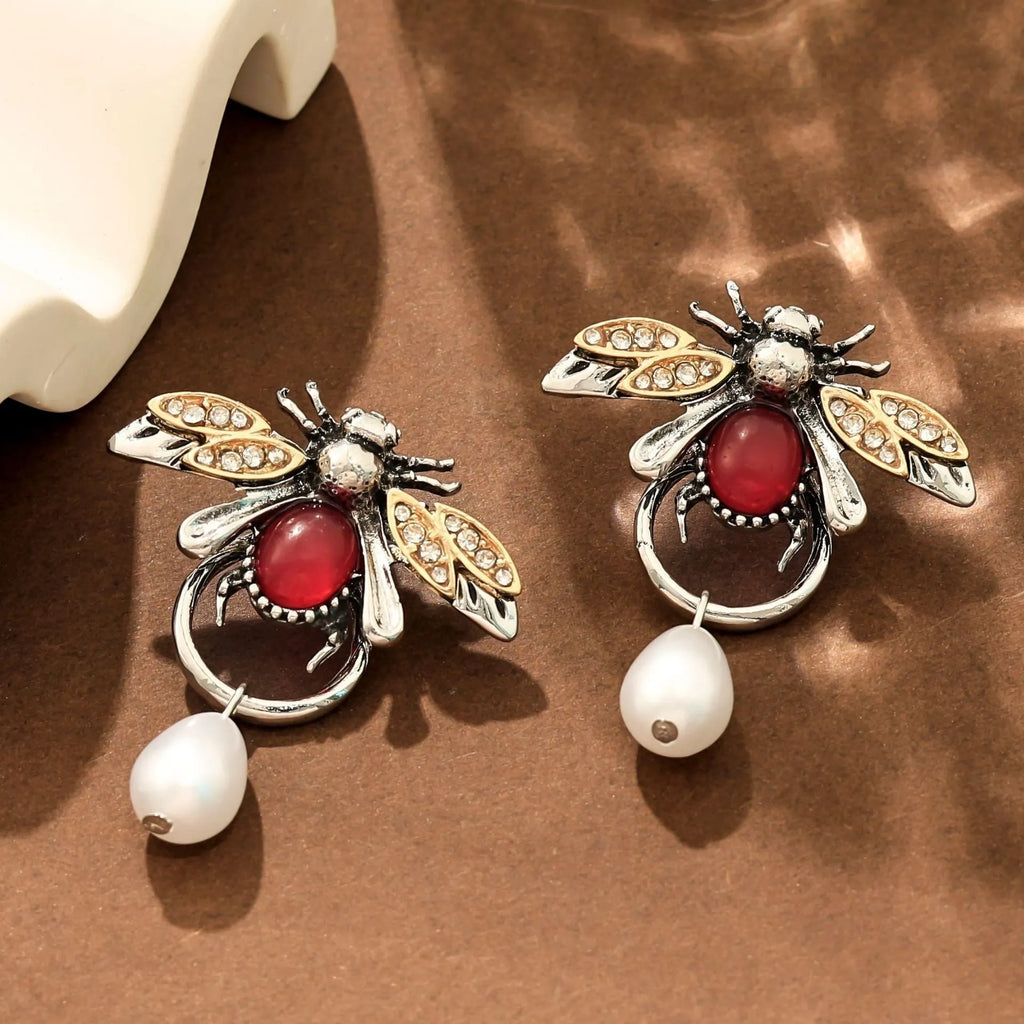 Retro insect drop earrings small bee design alloy pendant gold colour for women