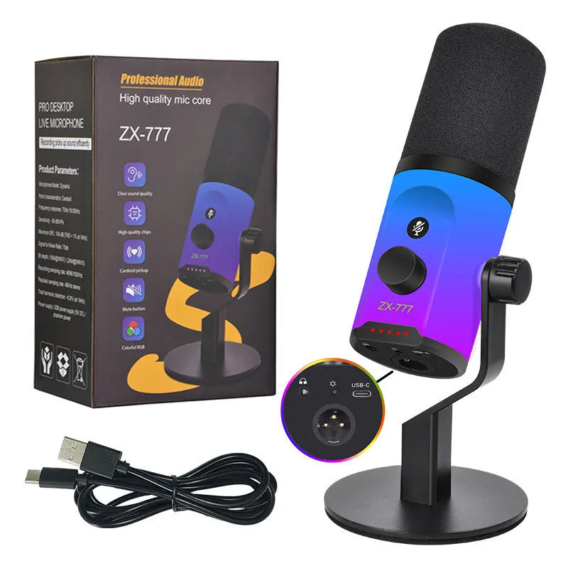 ZX777 moving coil microphone with USB XLR dual-mode interface, noise reduction, and ZX777RGB bracket type