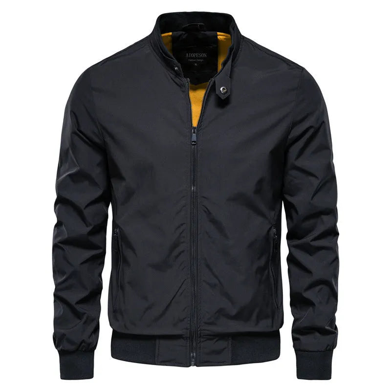 Men's solid colour thin casual jacket in polyester fabric on a hanger.