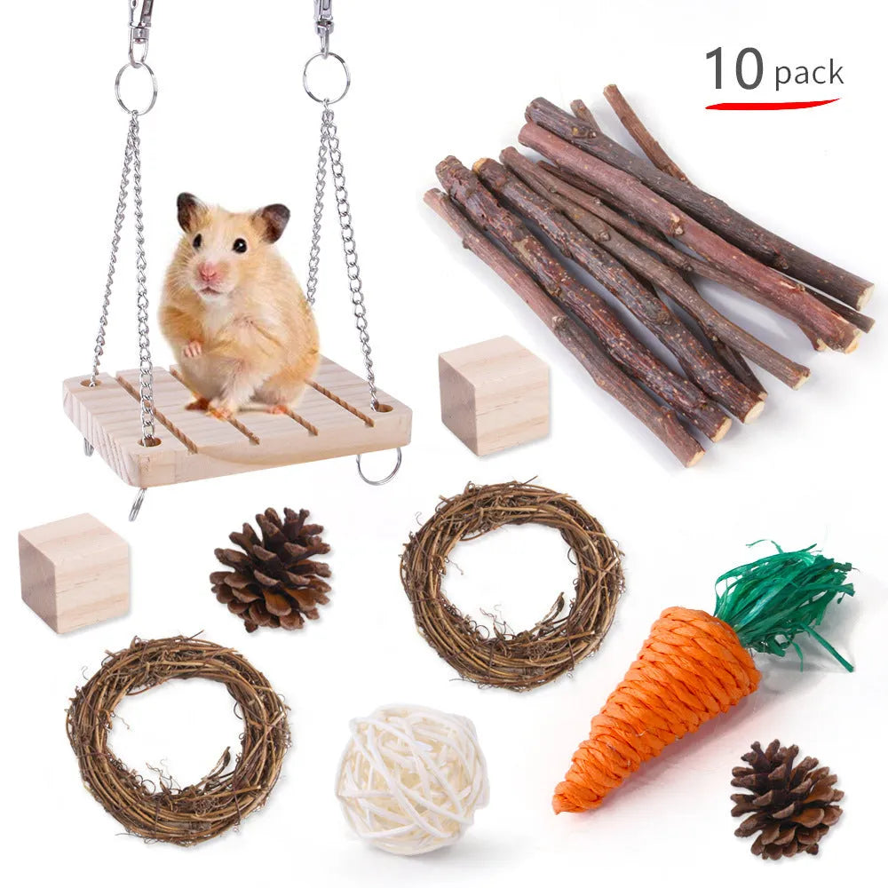 Wooden toy combination set for rabbits, guinea pigs, and parrots with straw mattress and natural material balls