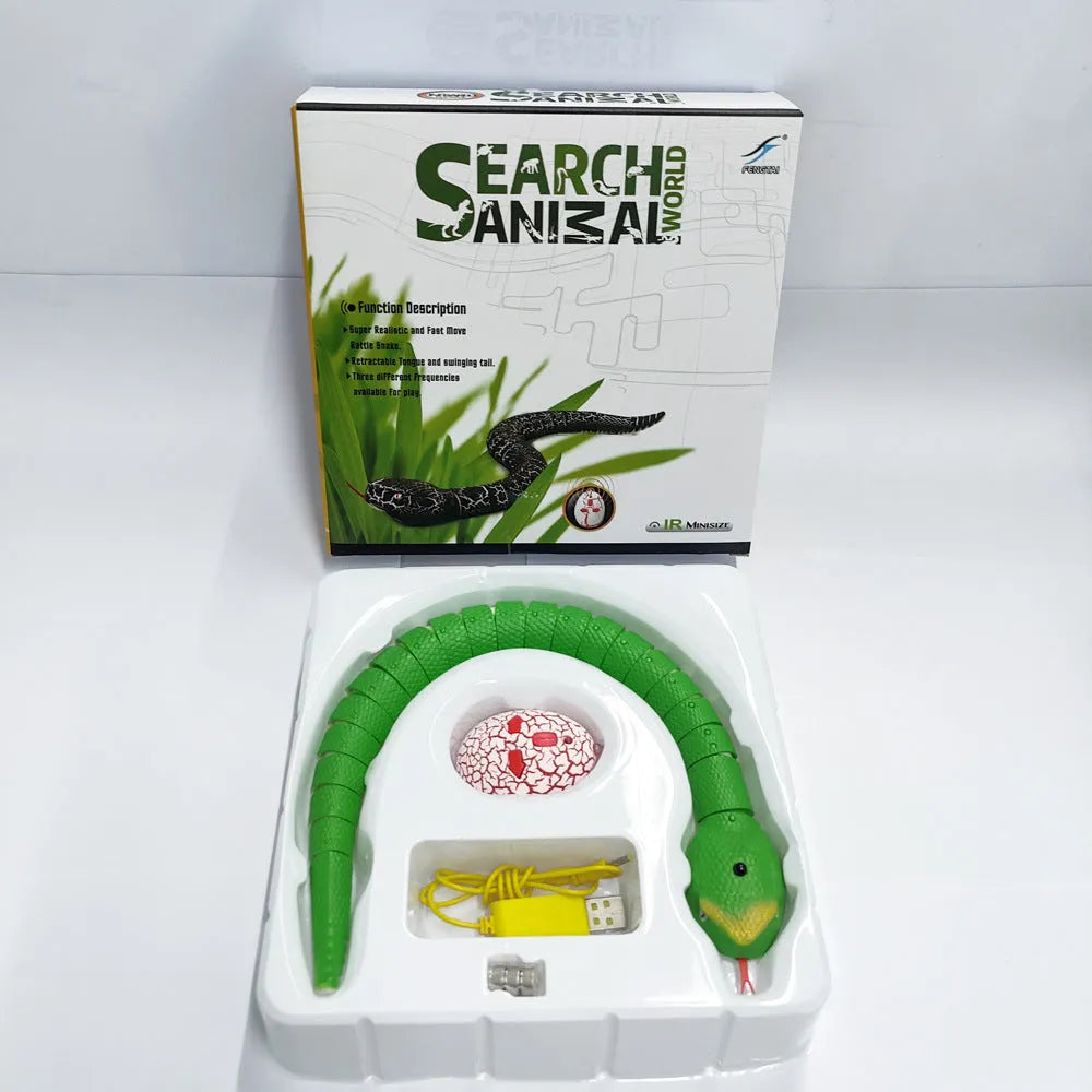 Smart sensing interactive snake cat toy with segmented plastic body and USB charging