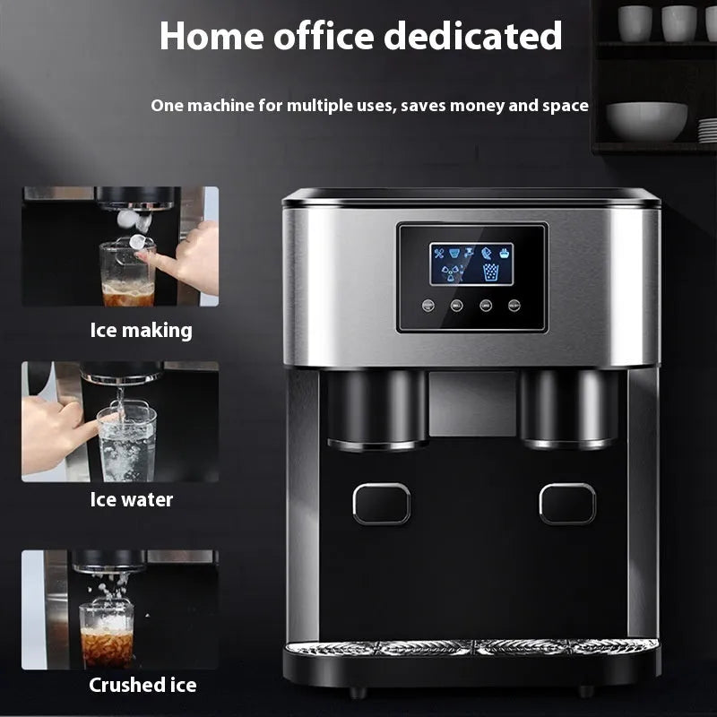 Black desktop ice maker with stainless steel accents on a kitchen countertop