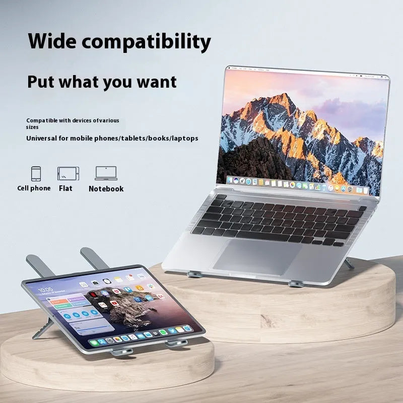 Silver aluminium laptop stand with twin cooling fans in folded position beside cloth storage bag