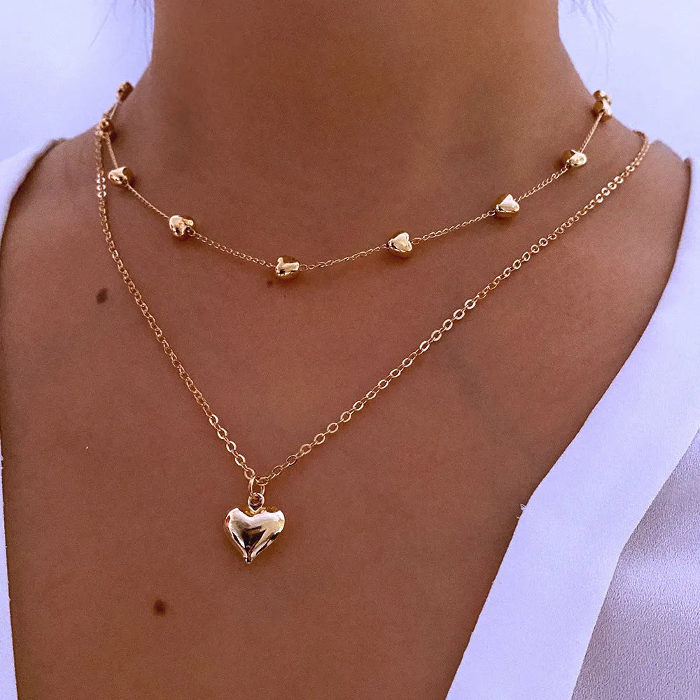 Double-layer gold tone alloy heart pendant curb chain necklace on woman, 51-80cm adjustable length