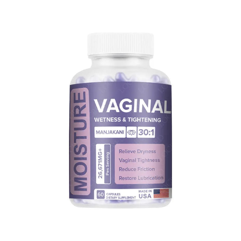 Bottle containing 60 vaginal capsules for adult women's feminine wellness supplement