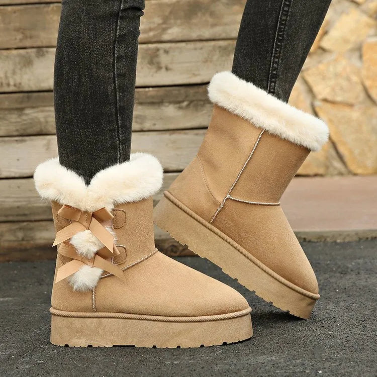 Women's bow retro suede fleece lined ankle boots in black, beige, or brown, 4cm flat heel, slip-on, mid-calf