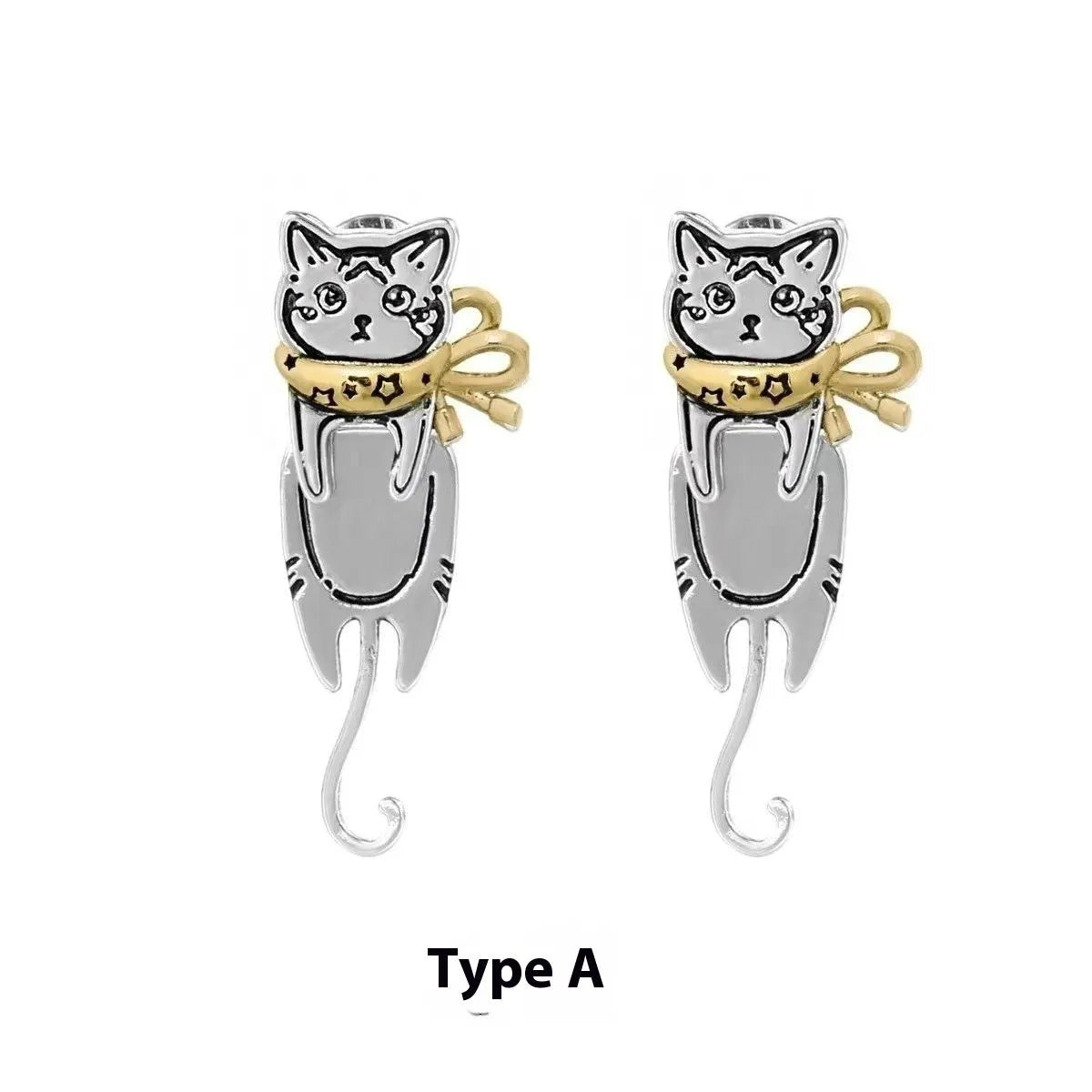 Graffiti cat earrings in copper with cute animal design, available as A pair or B style pair