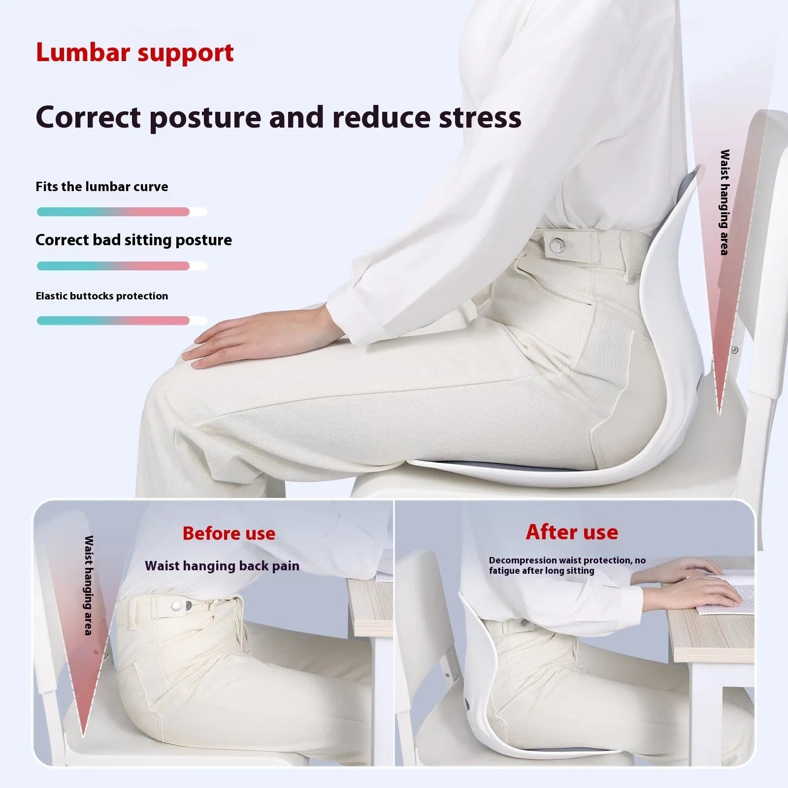 Japanese style lumbar support cushion in grey or black with waist and back support for chairs