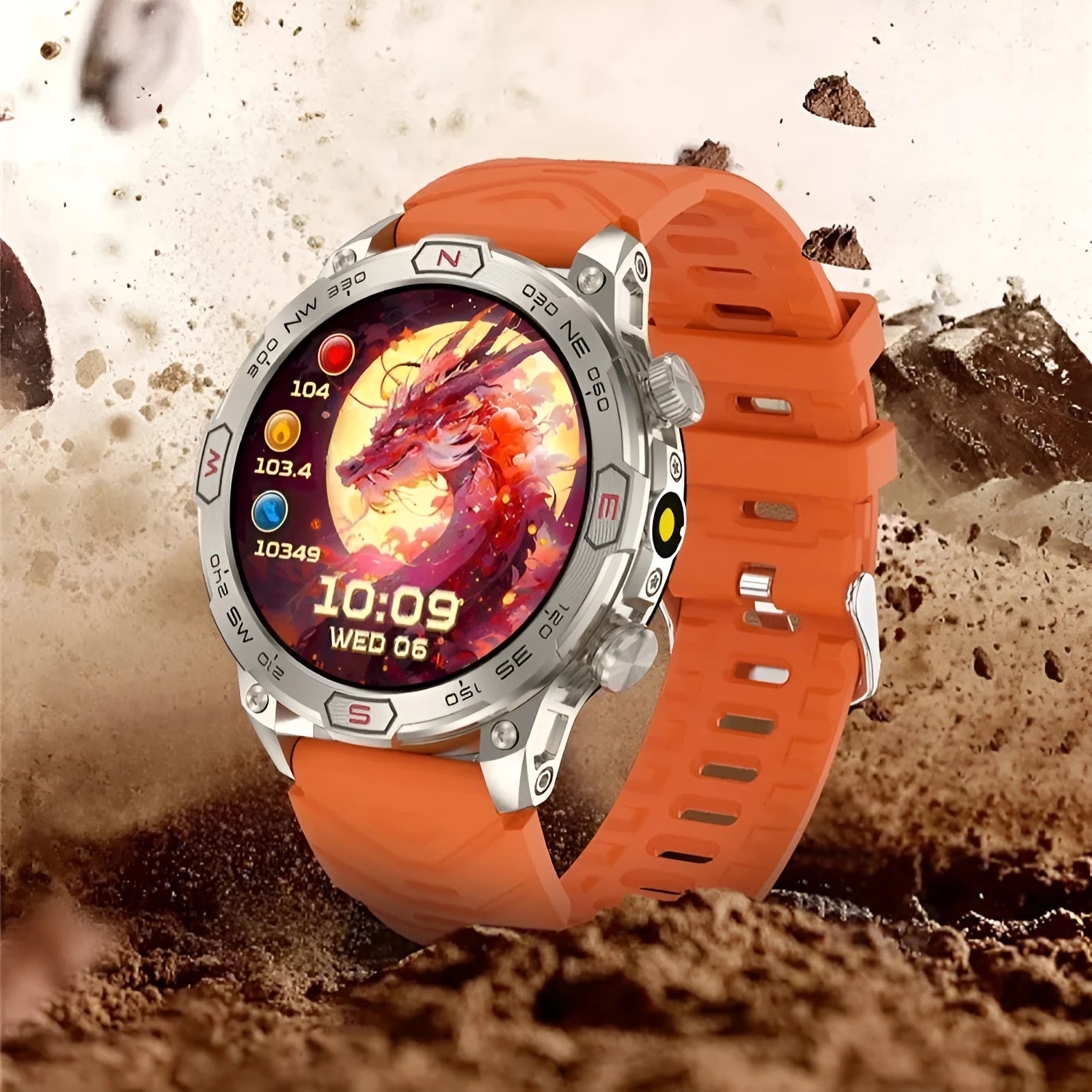 Sports smartwatch with AMOLED display in black orange camo colours showing fitness tracking features