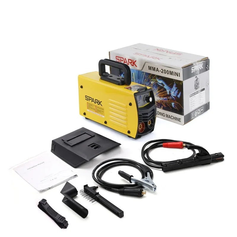 MMA-200MIN compact DC inverter welding machine with red housing, welding tongs, ground clamp, and face shield on a workbench.