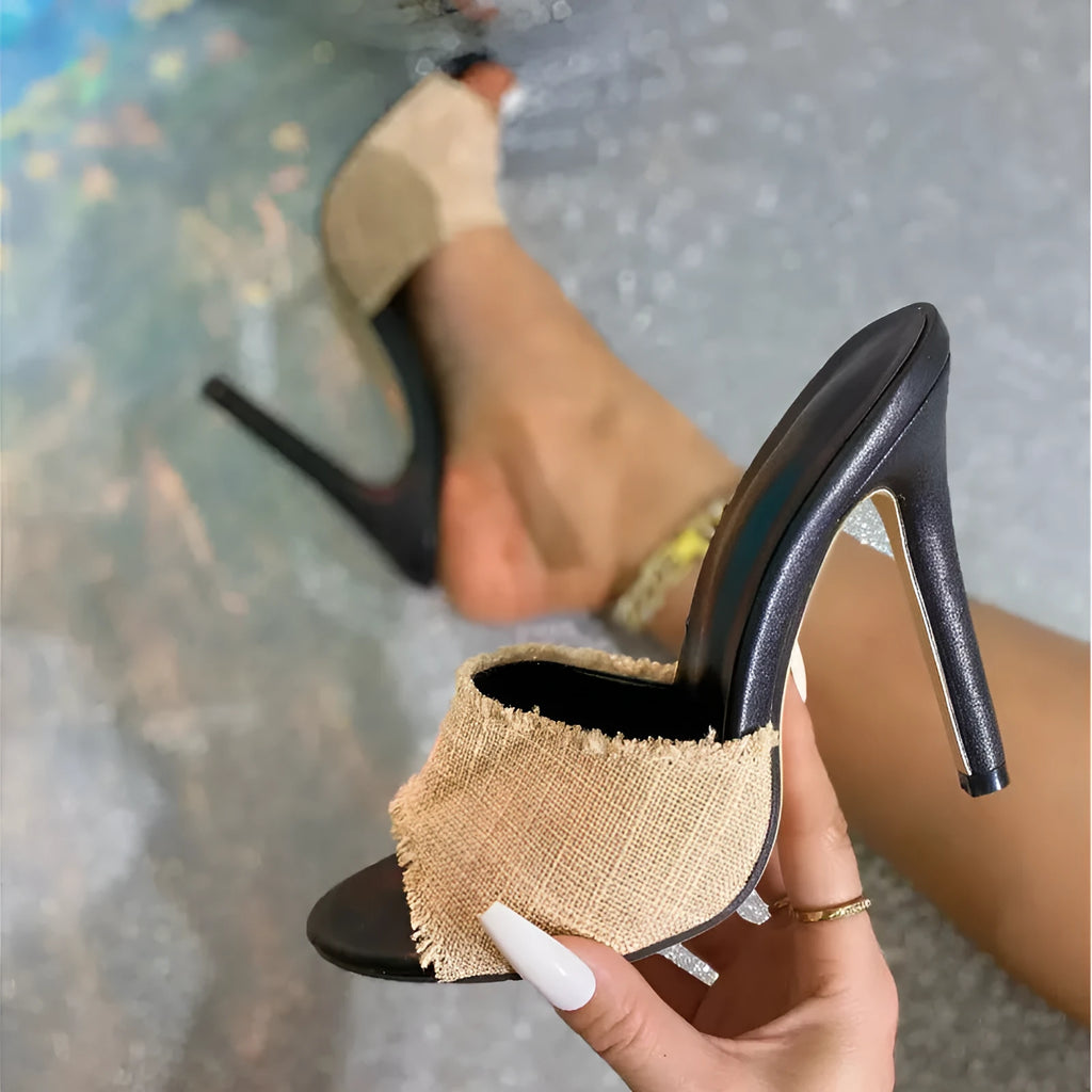 Apricot women's stiletto sandals with separate toe bracket, sheepskin and fur upper, cowhide stitching.