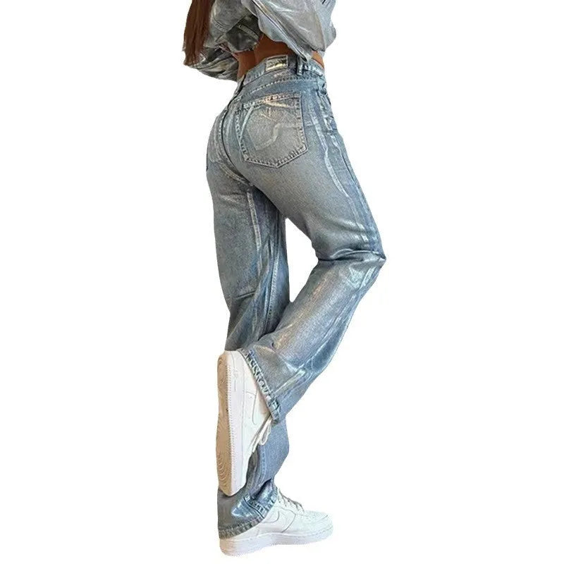 High waist straight leg jeans in washed blue denim with hot silver contrast stitching detail