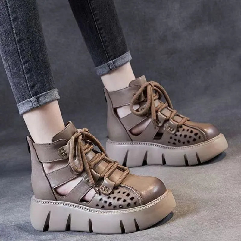 Women's black platform sandals with fish mouth toe and hollow hole leather design