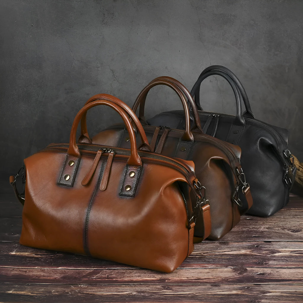 Women's European and American retro large-capacity handbag in genuine leather, horizontal square shape, brown colour