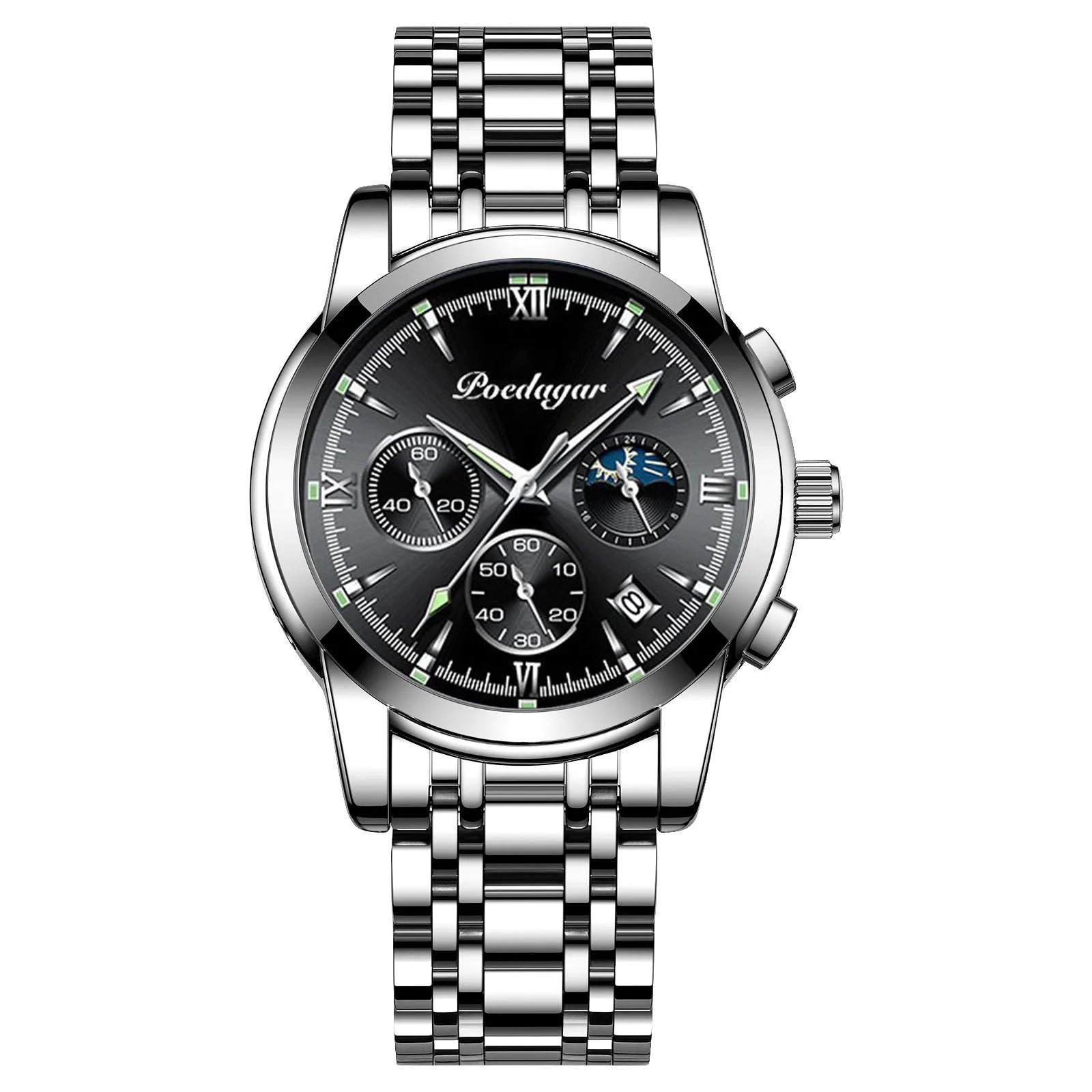 Multifunctional men's luminous waterproof quartz watch with stainless steel belt, silver case, and blue dial, 7mm thickness