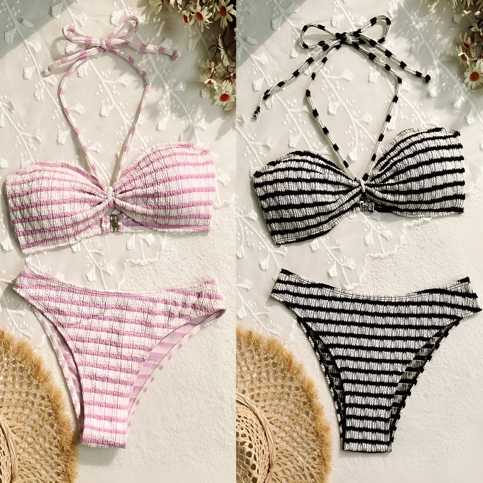 Women's striped printed bikini swimsuit set in pink, polyester, sleeveless top, brief bottom, for swimming and wading