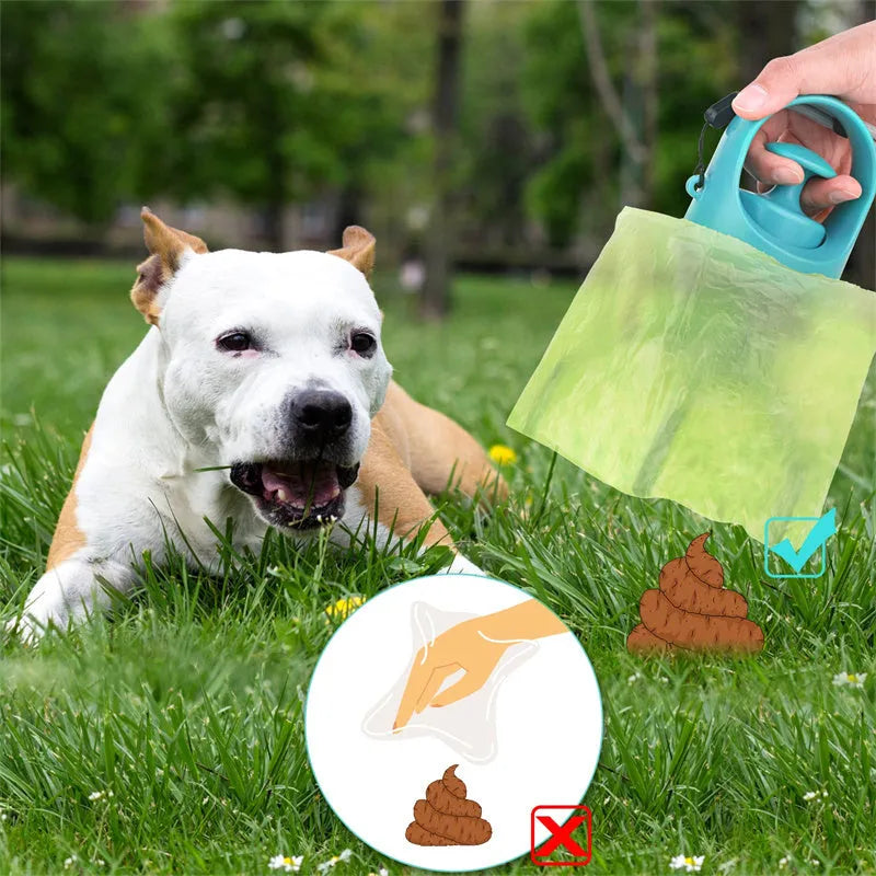 Blue portable dog pooper scooper with eight-claw shovel, built-in poop bag dispenser and lanyard