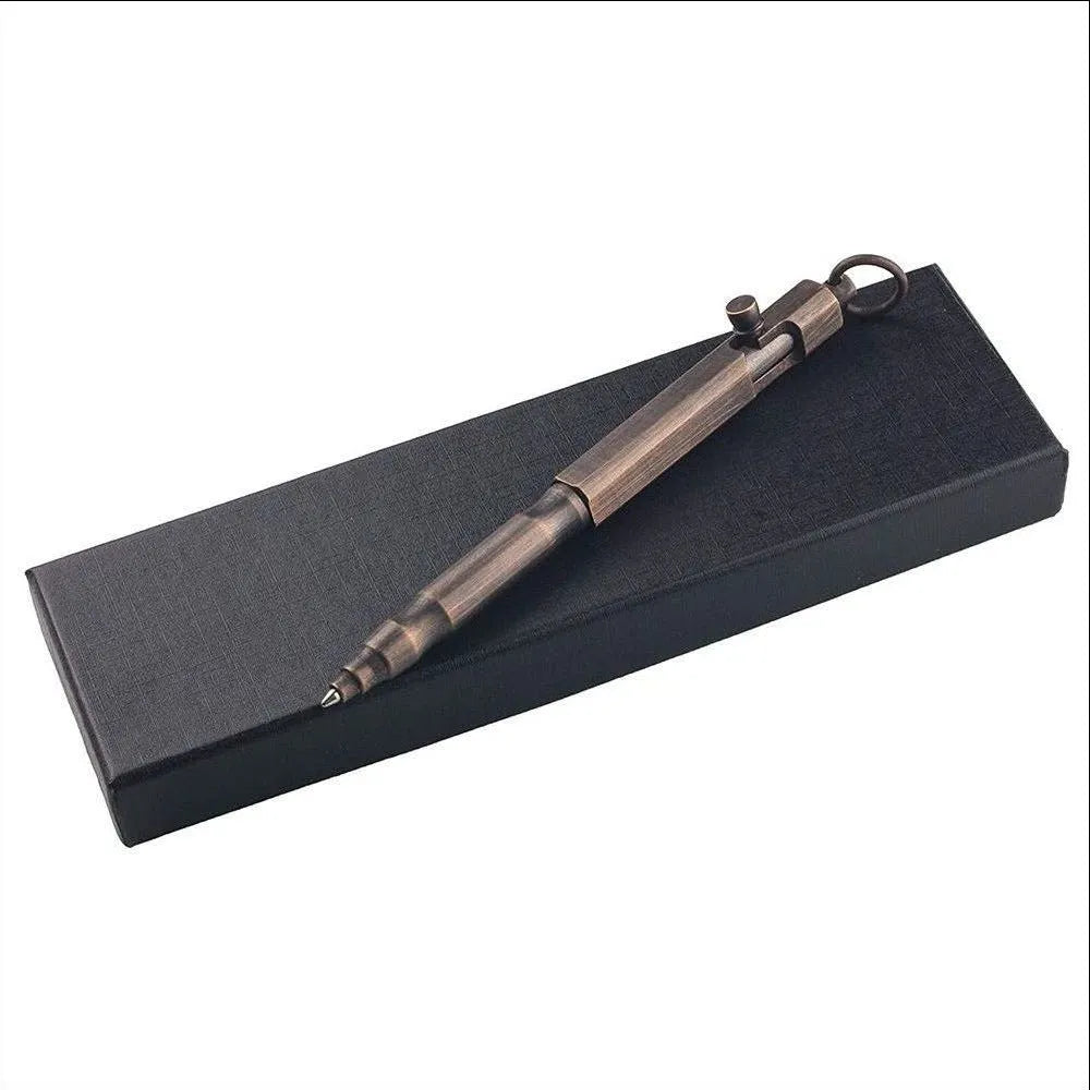 Solid brass hexagonal bolt action tactical pen in vintage brass and retro black colours.