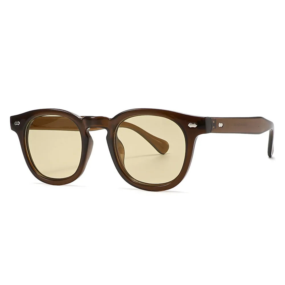 Simple round rim retro sunglasses on a plain background showing bright black frame with blue lenses.