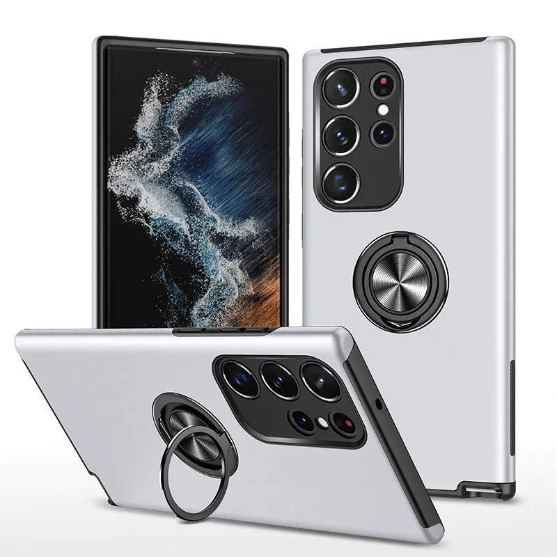 Magnetic ring stand anti drop Samsung phone case in PU, back cover with bracket and magnetic suction