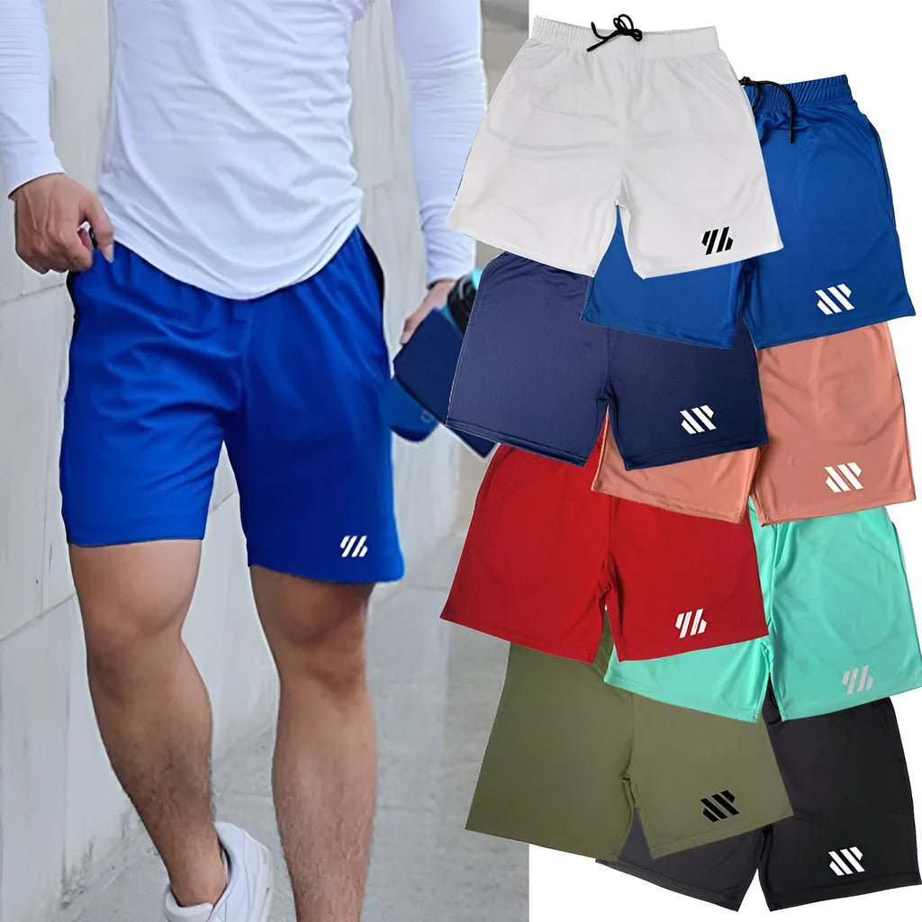 Loose-fit metal silk sports shorts in sapphire blue, shown on a model for running.