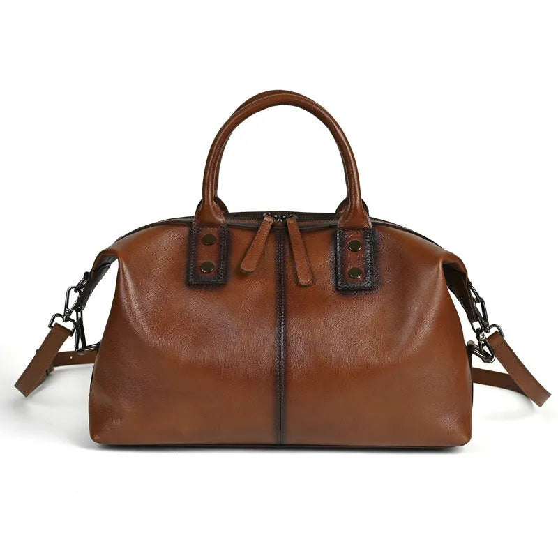 Women's European and American retro large-capacity handbag in genuine leather, horizontal square shape, brown colour