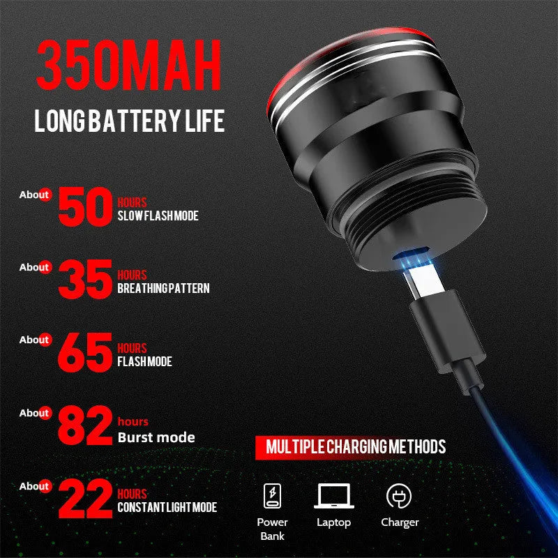 Black aluminium smart bicycle taillight with brake sensor and USB charging port.