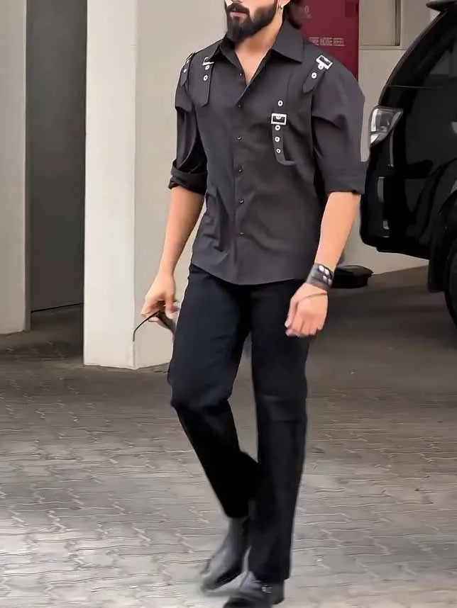 Men's black utility button-up shirt with regular fit on a model.