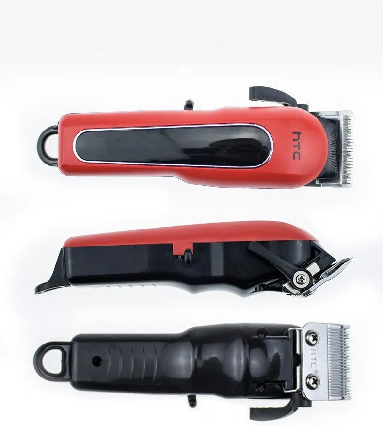 Professional digital electric hair clipper in black, red, or white with brushless motor, charger, combs, and cleaning tools