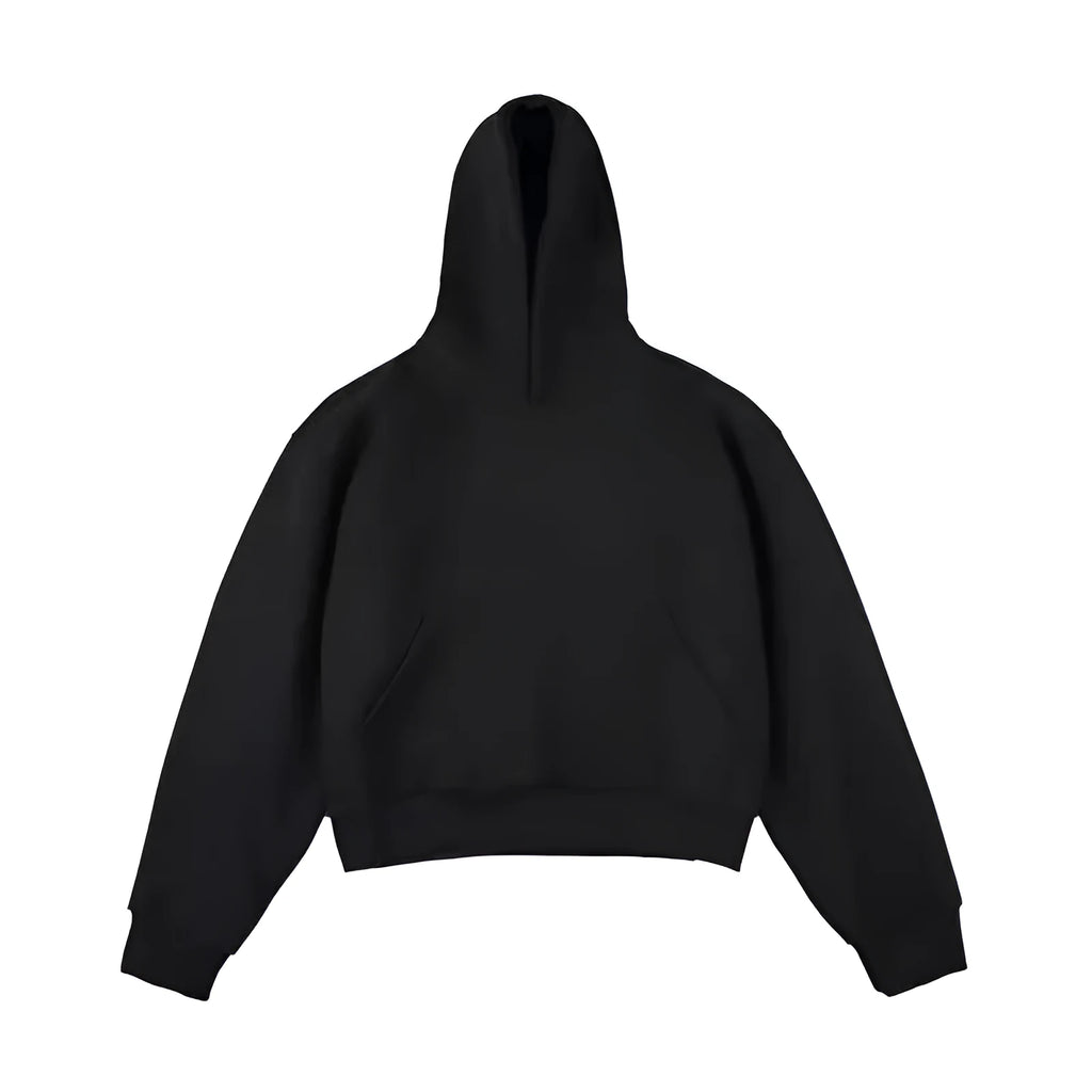 Short black Chinese cotton velvet hooded sweater with long sleeves on a hanger.