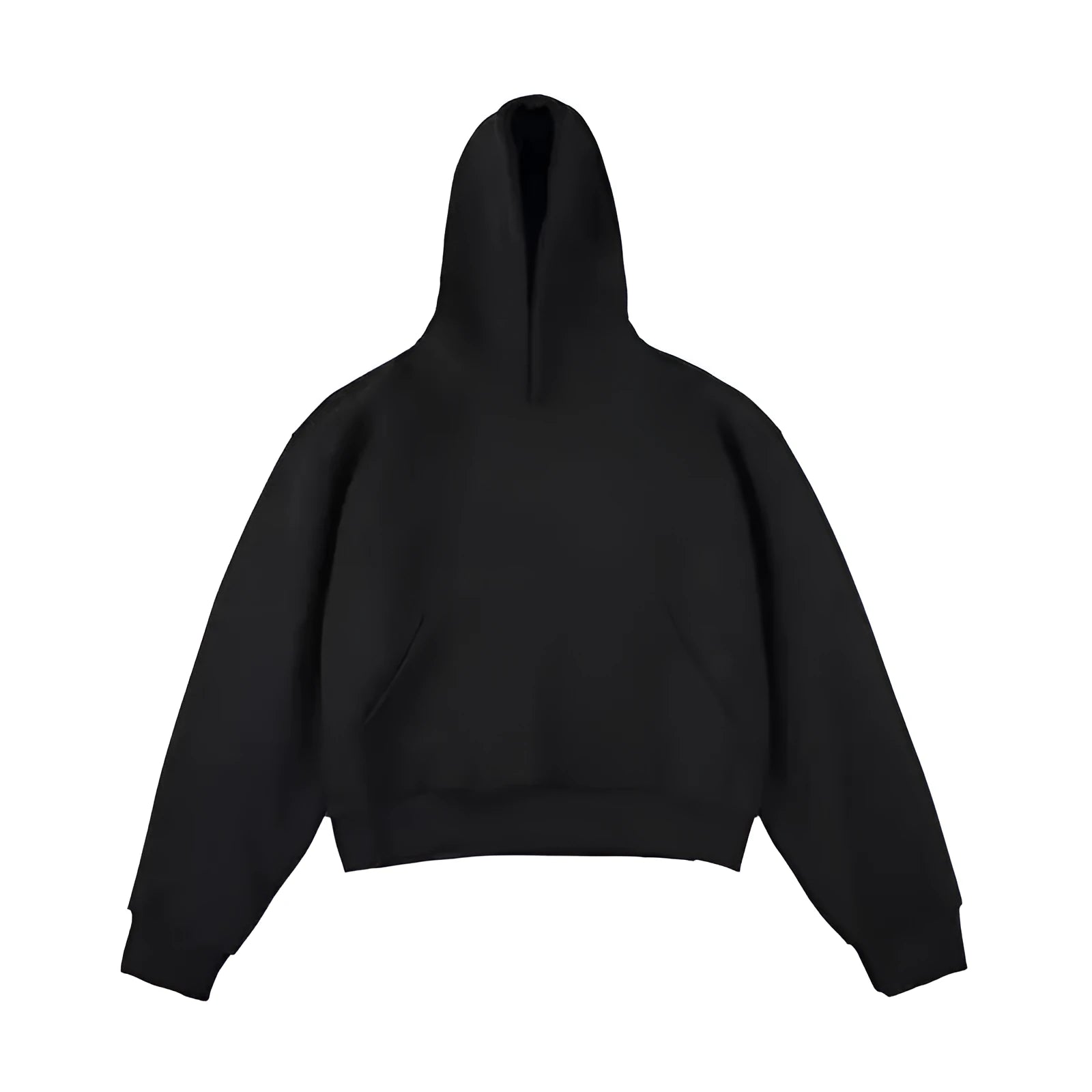 Short black Chinese cotton velvet hooded sweater with long sleeves on a hanger.