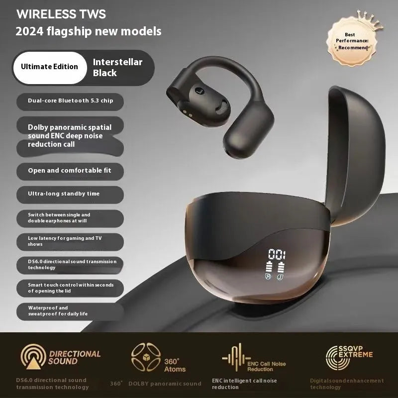 Black non in-ear open Bluetooth headset with digital battery display and ear hook