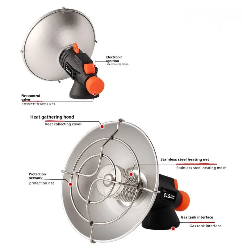Black and orange portable outdoor heating stove with automatic ignition on a surface.