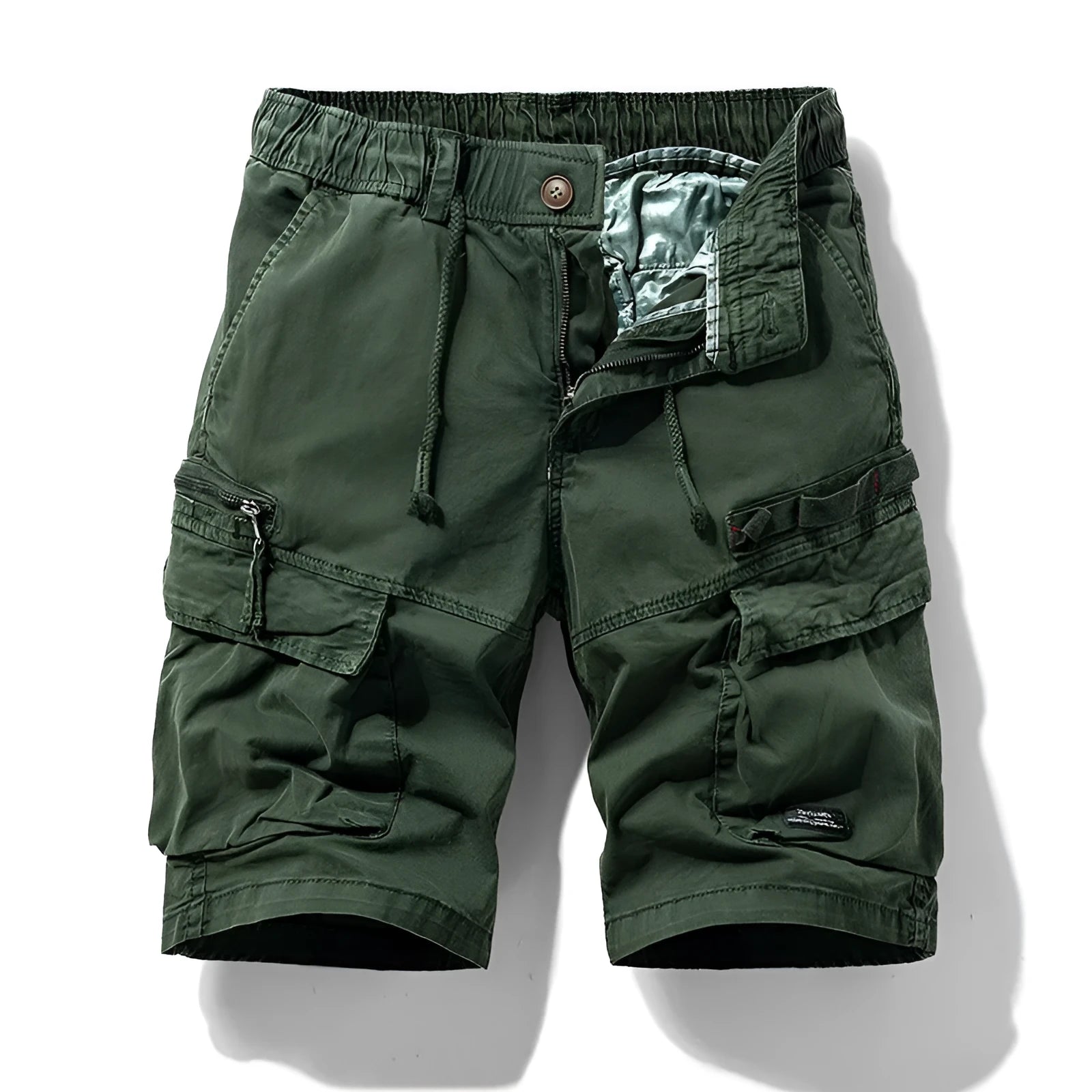 Men's cotton shorts with multiple pockets and a zipper in army green