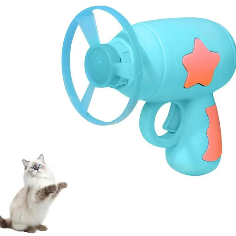 Interactive plastic cat toy gun with frisbee launcher for indoor cats, 11cm size