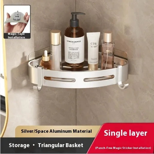 Gun grey wall-mounted bathroom storage rack with corner design and punch-free installation